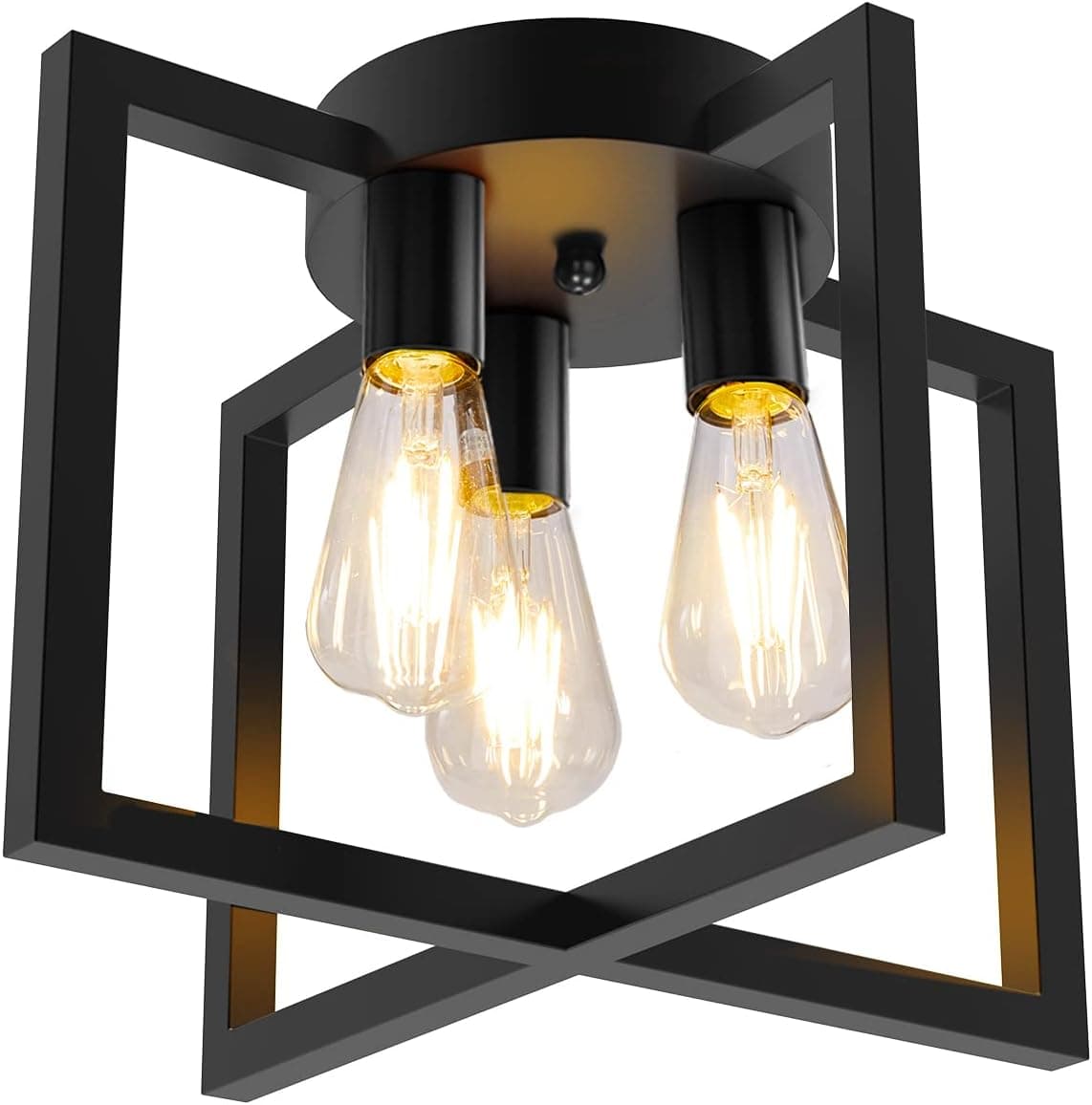 Feanron 3-Light Kitchen Light Fixtures Ceiling Mount, Industrial Modern Semi Flush Mount Lighting Fixture with Black Metal Frame, Farmhouse Vintage Ceiling Lamp for Hallway, Bedroom, Dining Room