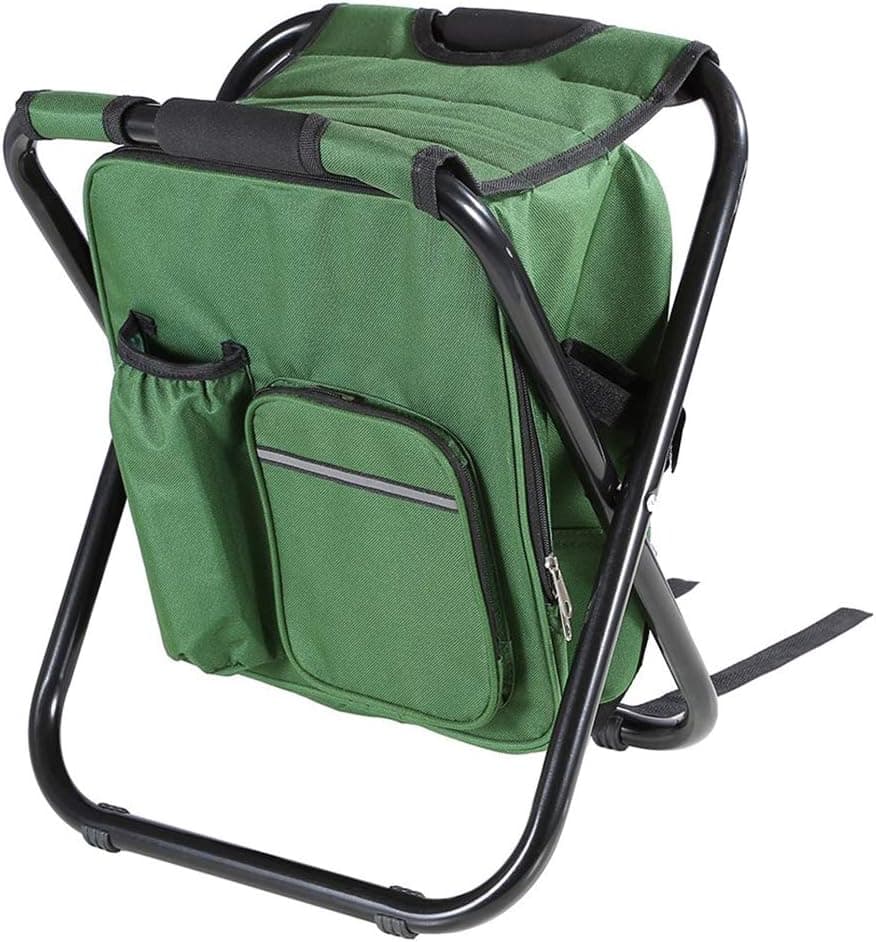 Fishing Backpack Chair, Portable Camping Stool, Foldable Solid Construction Backpack Stool with Double Layer Oxford Fabric Cooler Bag for Fishing, Beach, Camping, House and Outing (Green)