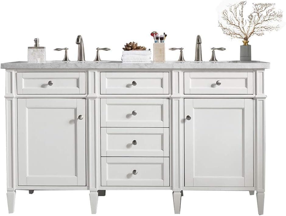 Brittany 60" Double Cabinet, Cottage White, with 3 CM Carrara White Top w/Oval Sink