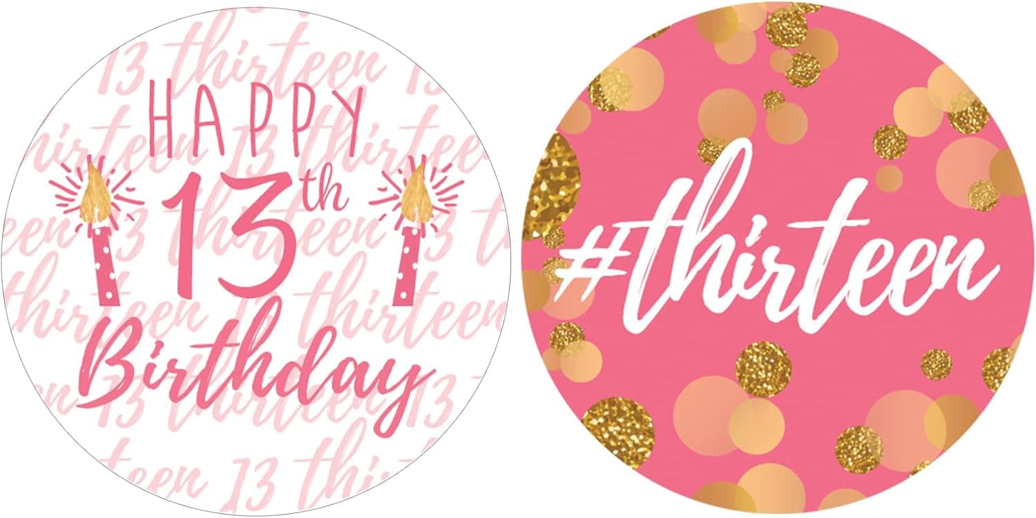 Pink and Gold Girl 13th Birthday Party Favor Stickers - 1.75 in - 40 Labels