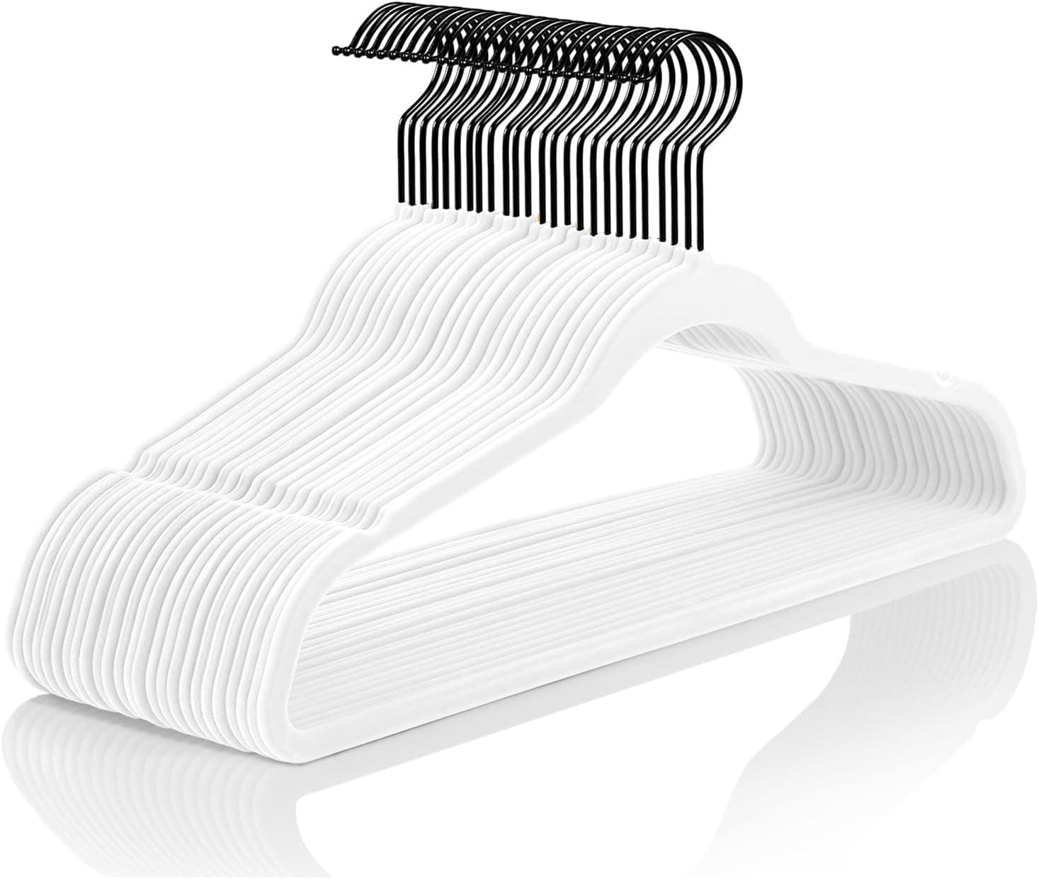 MIZGI Premium Velvet Hangers (50 Pack) Heavyduty - Non Slip Felt Hangers - White Velvet Suit Hangers - Black Coated Hooks,Space Saving Clothes Hangers