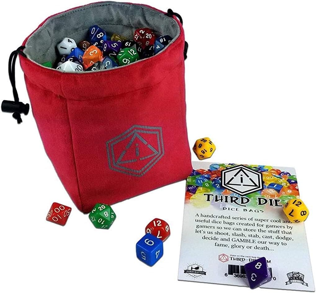 Third Die Dice Bag - Handcrafted and Reversible Drawstring Bag That Stands Open On The Table - Vibrant Red and Dark Gray
