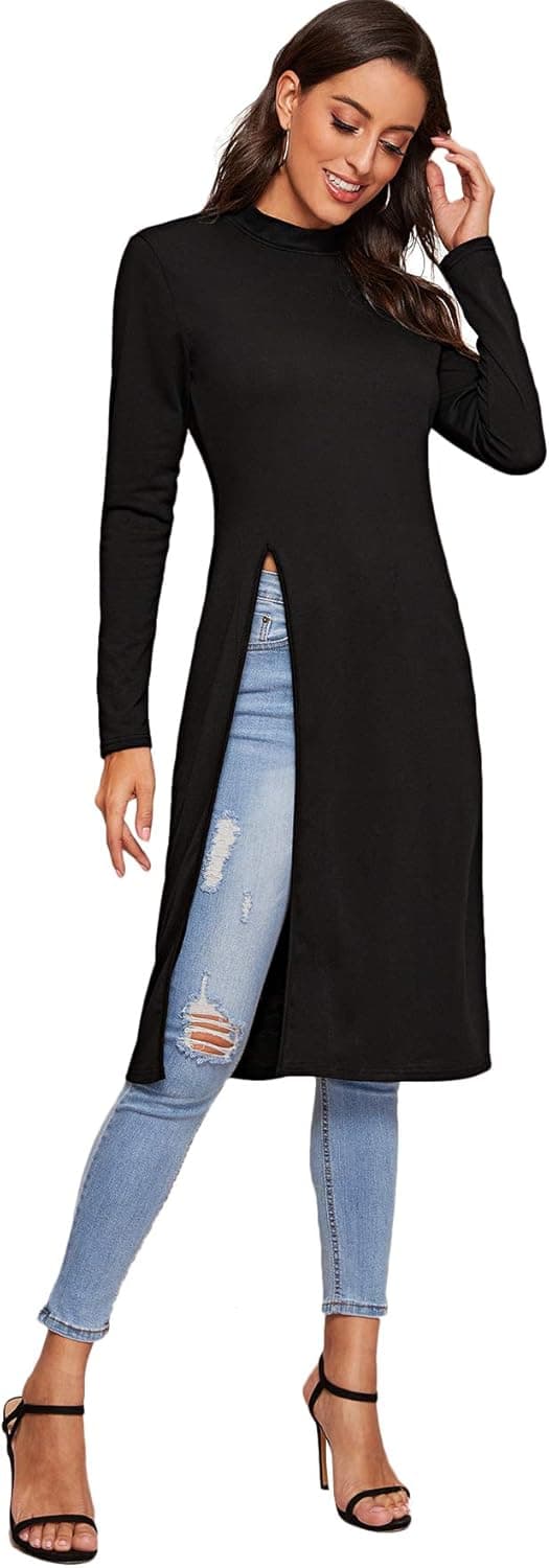 Romwe Women's Long Sleeve Casual Split Front Mock Neck Solid Longline Blouse Tops Tee