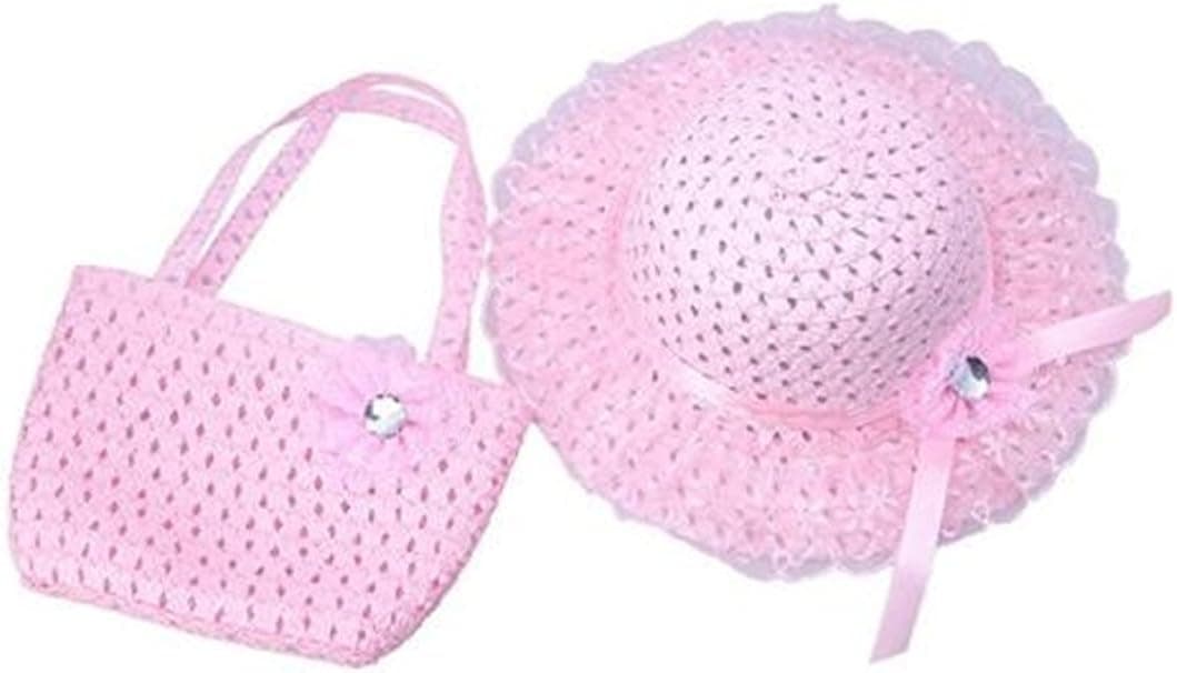 Jiuhexu Kids Straw Sun Hat Handbag Sets Children Beach Caps Prop Outfit 9Colors (Pink)