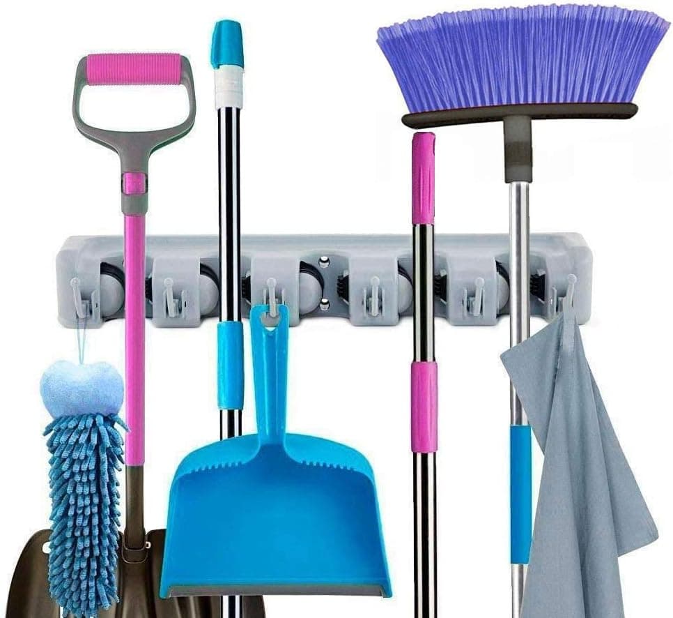 Mop Broom Holder, STAONT Wall Mounted Garden Organizer for Your Home,Kitchen, Closet, Garage and Shed (5 Ball Slots and 6 Hooks)