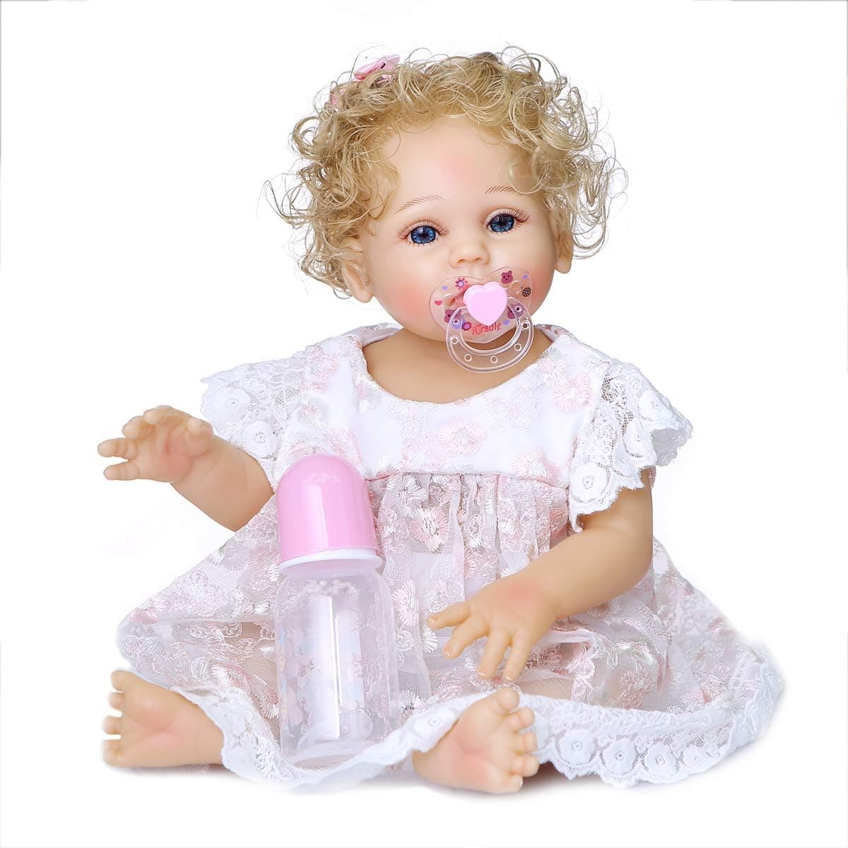 Angelbaby Cute Realistic 19 inch Reborn Baby Dolls Girls Silicone Full Body Blonde Hair Blue Eyes Bebe Real Life Reborn Dolls with Clothes for Ages 3+