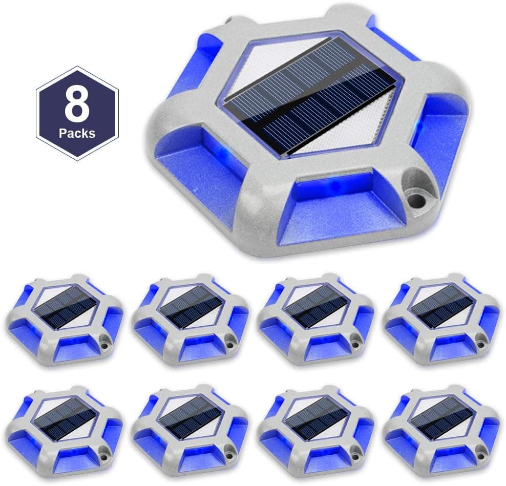 APONUO Solar Deck Lights Outdoor Waterproof, Dock Lights Led Solar Powered 6 LEDs Outdoor Solar Dock Deck Lights 8 Packs for Marine Dock Stairs driveways (Blue)