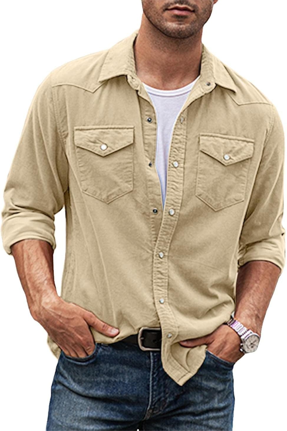 JMIERR Mens Cotton Corduroy Shirt Casual Button Down Long Sleeve Shirt with Flap Pockets