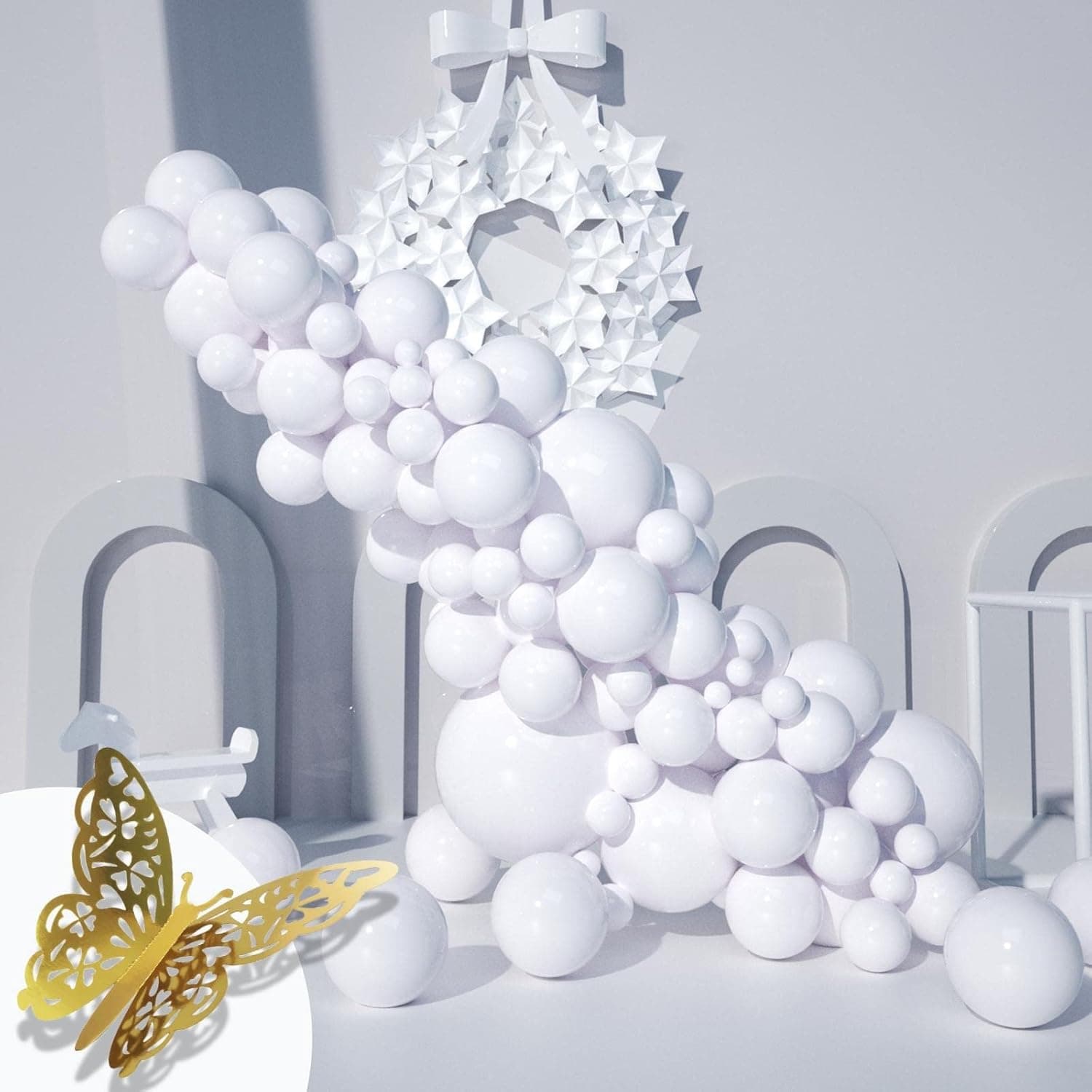 Rosmavi 104pcs White Balloons, White Balloons Different Sizes with Gold Butterflies, White Balloon Garland 5 Inch 12 Inch 18 Inch White Balloon Arch White Balloon Garland Kit