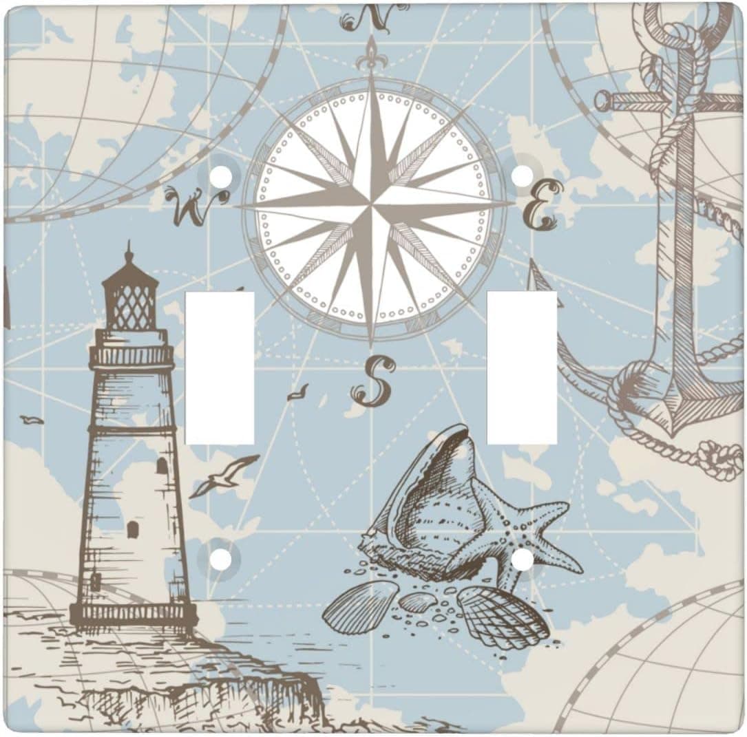 2-Gang Toggle Light Switch Plate Nautical Chart Compass Lighthouse Anchor Shell 2 Gang Toggle Wall Switch Plate Covers Decorative