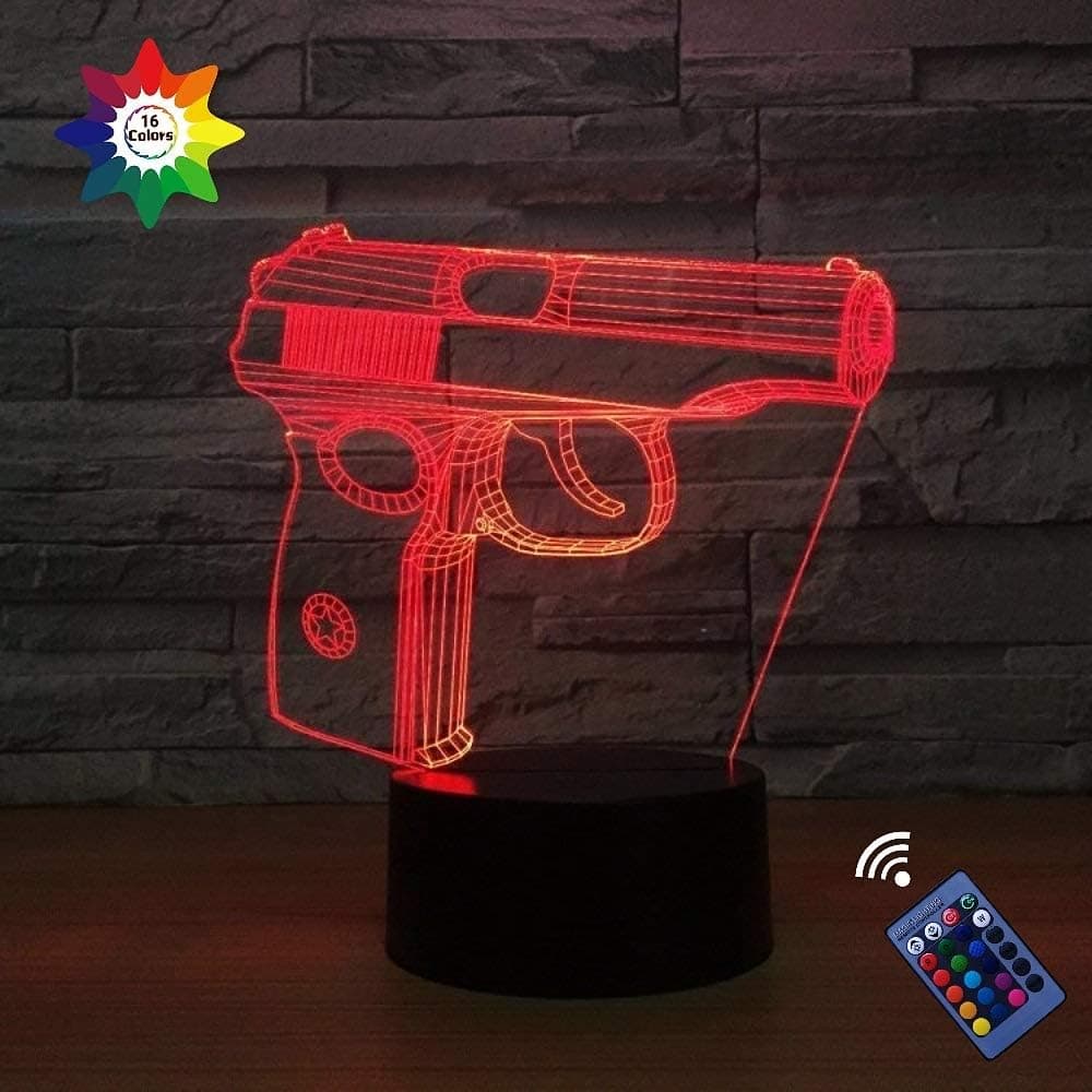 YTDZLTD Optical Illusion 3D Pistol Gun Night Light 16 Colors Changing USB Power Remote Control Touch Switch Decor Lamp LED Table Desk Lamp Children Kids Christmas Xmas Brithday Gift