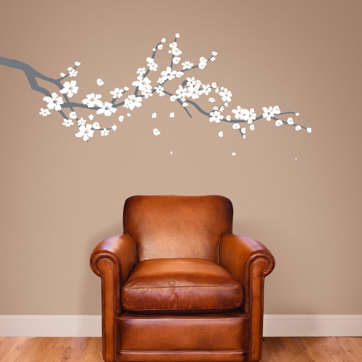 Large Japanese Cherry Blossom Tree Branch Vinyl Decal Wall Sticker for Girls Flowery Room Decor (Grey & White, 24x60 inches)