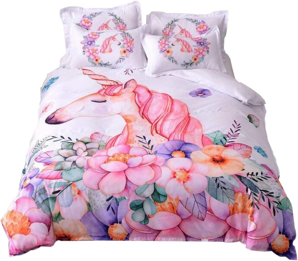 WINLIFE Pink Unicorn Print Duvet Cover Set for Girls Easy Care Zipper Closure Corner Ties Bedding Set Queen A