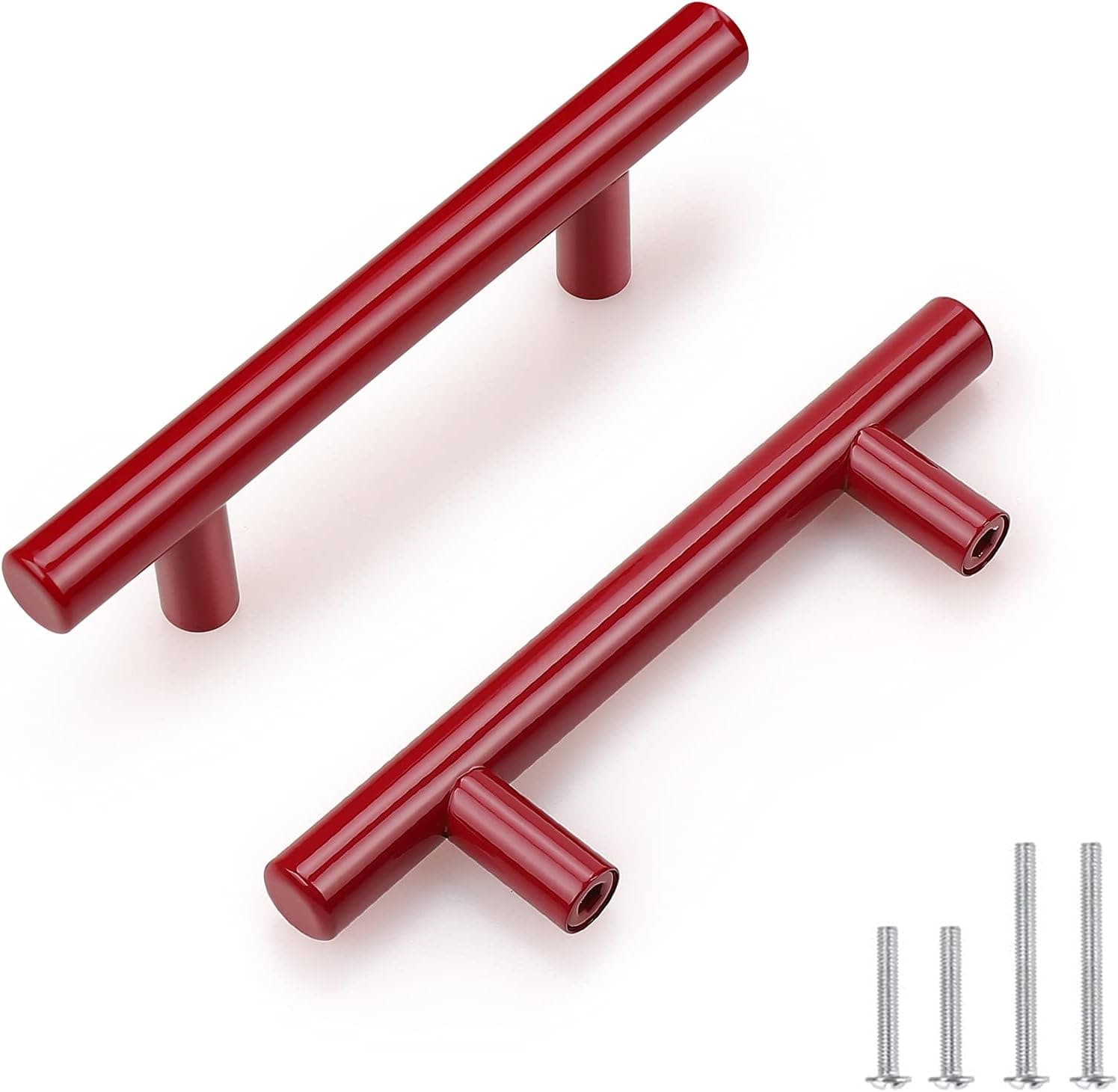 Probrico 10 Pack 3inch (76mm) Hole Centers Modern Kitchen Cabinet Door Handles, Red Drawer Handle Pulls Kitchen Cupboard T Bar Knobs and Pull 12mm Diameter Stainless Steel