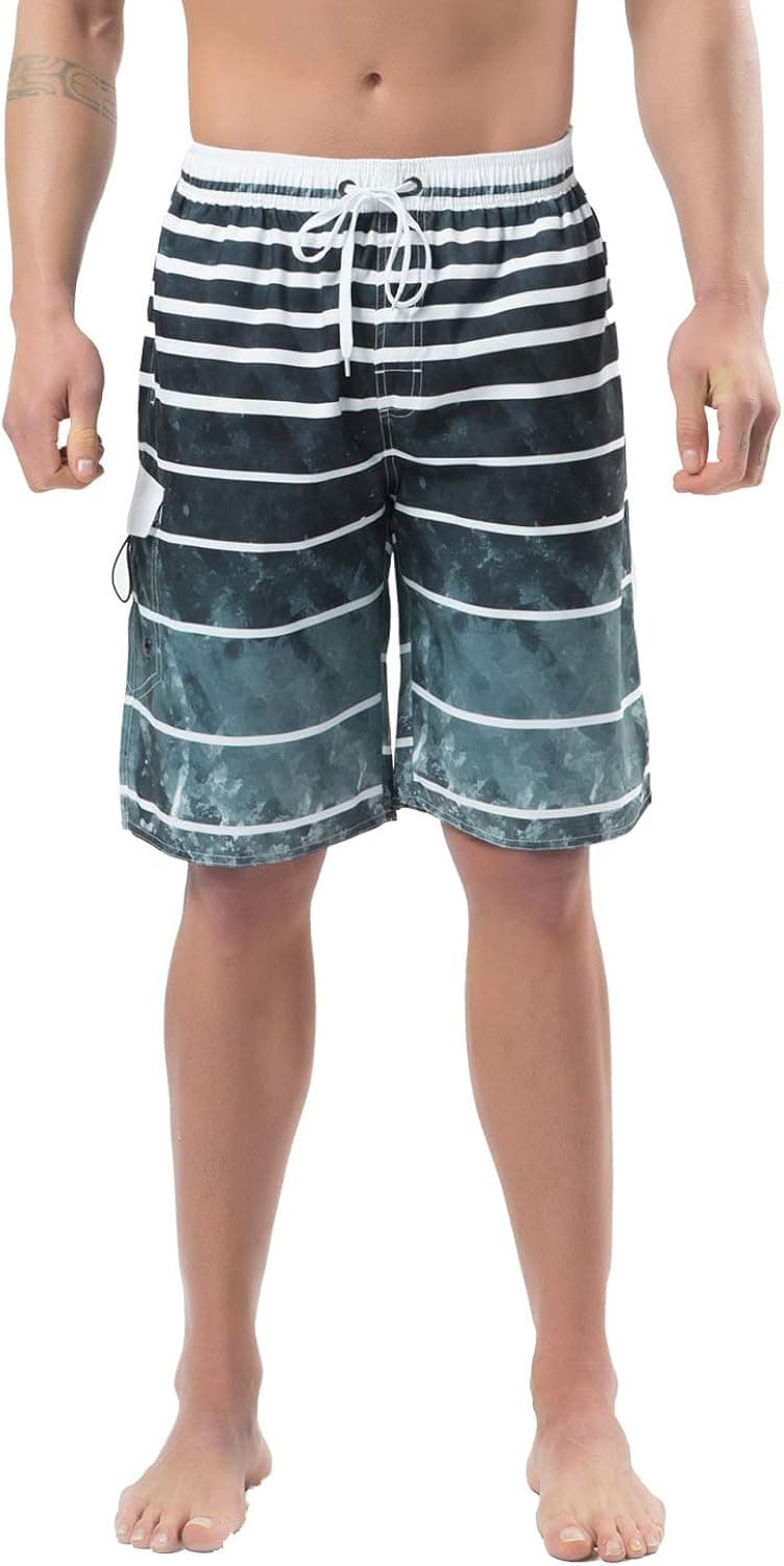 Lncropo Mens Quick Dry Swim Trunks Striped Print Board Shorts with Mesh Lining