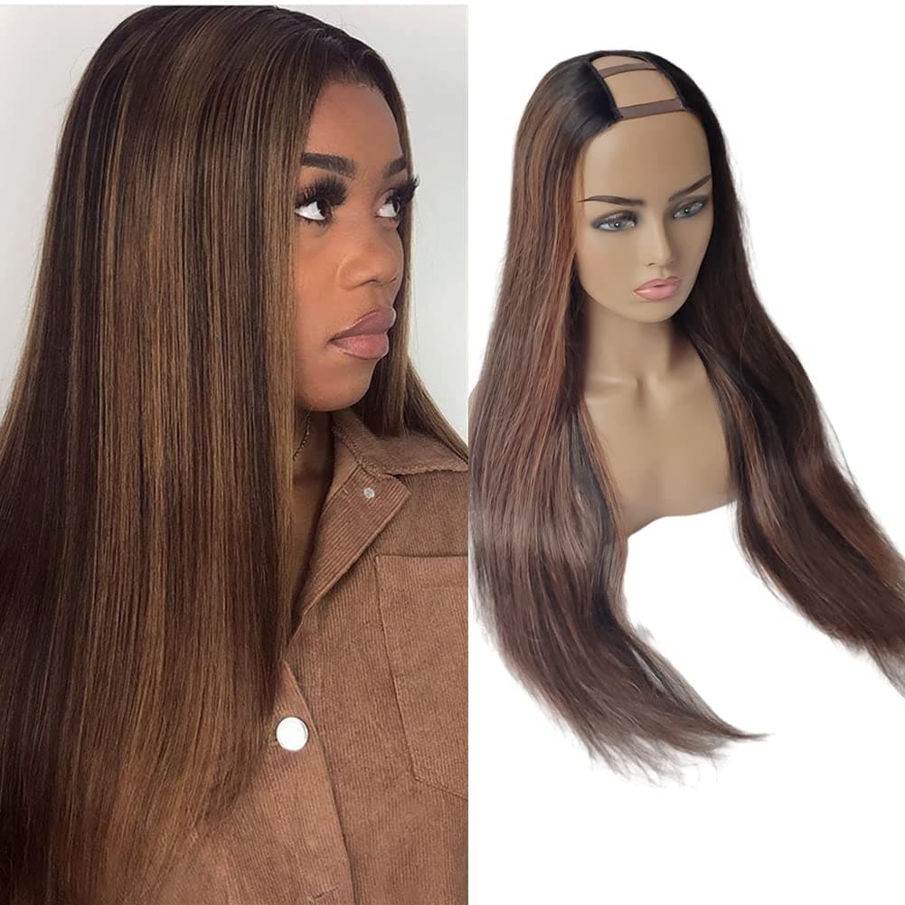 No Lace Front Human Hair Wigs For Black Women U Part Half Wig Silk Straight Ombre Highlighted Brown Color, U Shape Clip in Hair Extensions 1B30, 22 Inch.