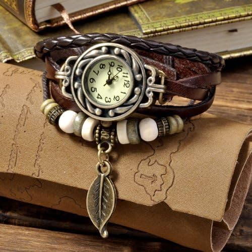 Gleader Retro Weave Wrap Around Leather Bracelet Lady Wrist Watch Quartz Watch (Coffee)