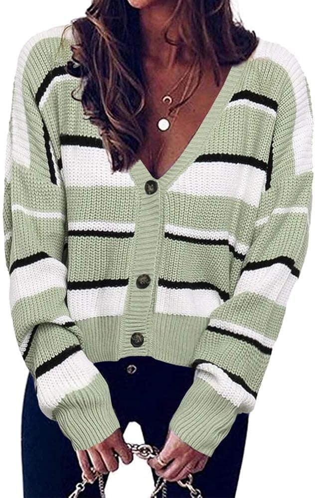 SySea Women's V Neckline Button Down Cardigan Sweaters Striped Long Sleeve Cropped Knit Outwear