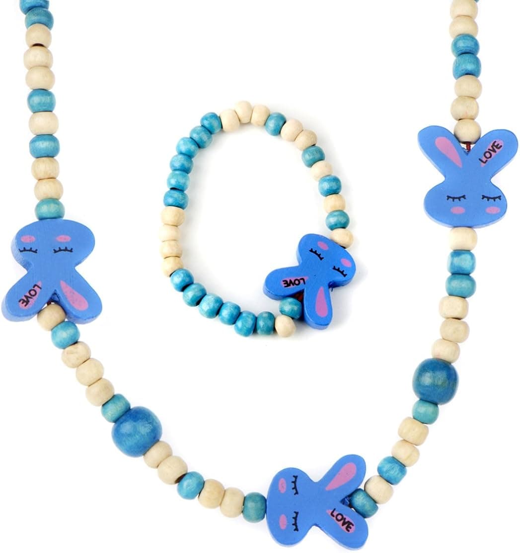 Wooden Bead Jewelry Set for Girls - Blue Wooden Beaded Bunny Necklace and Bracelet Set - Play Jewelry - 16 inches.