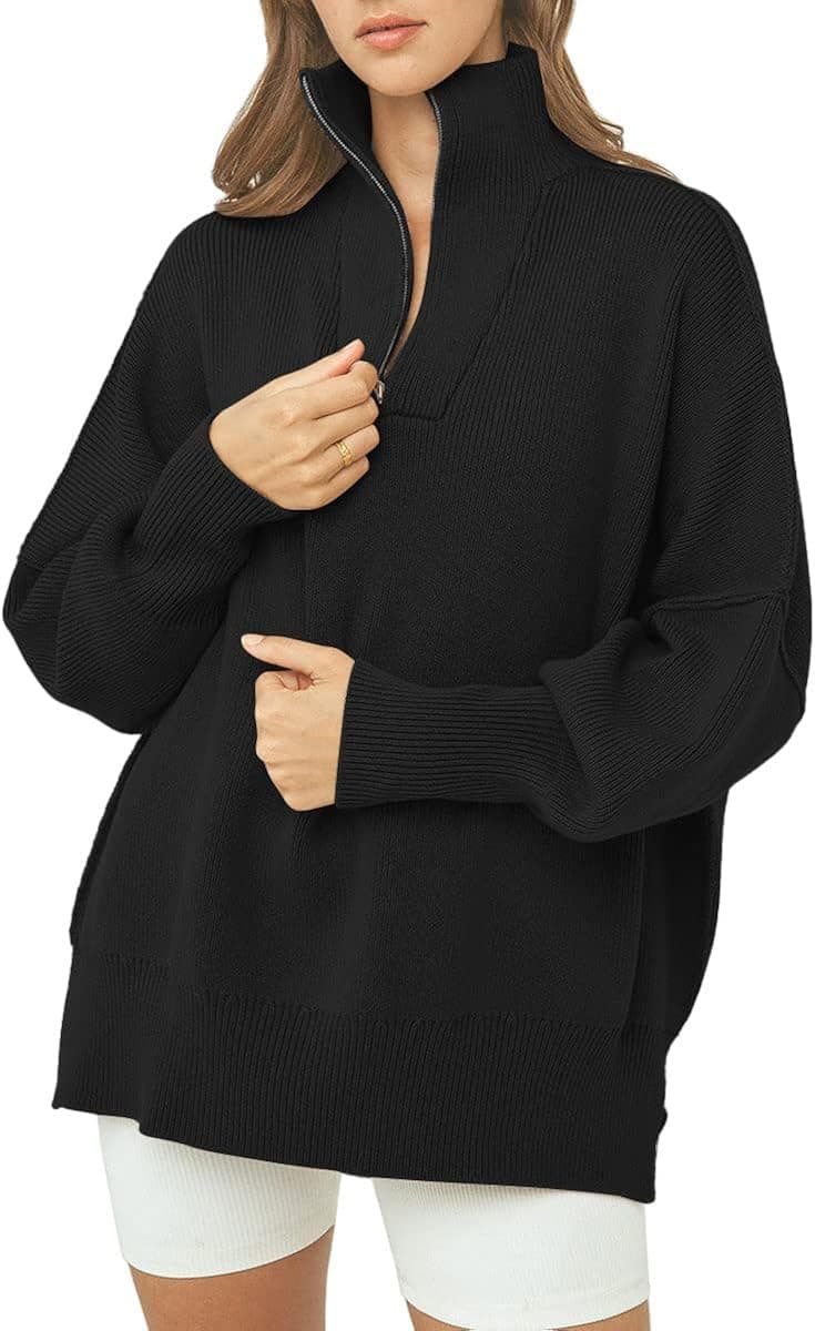 LILLUSORY Women's Long Sleeve 1/4 Zipper Collar Drop Shoulder Oversized Split Hem Slouchy Pullover Sweater