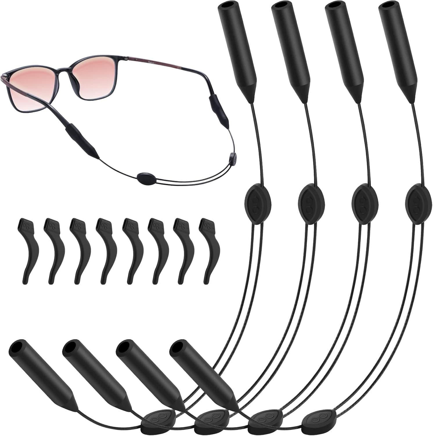 Adjustable Glasses Strap,4 Pack 14Inch Eye Glasses String Strap with Retainer Ear Cushion, Universal Fit Rope Eyewear Retainer, No Tail Anti Slip Sunglasses Strap Eyeglass Straps for Men Women Kids