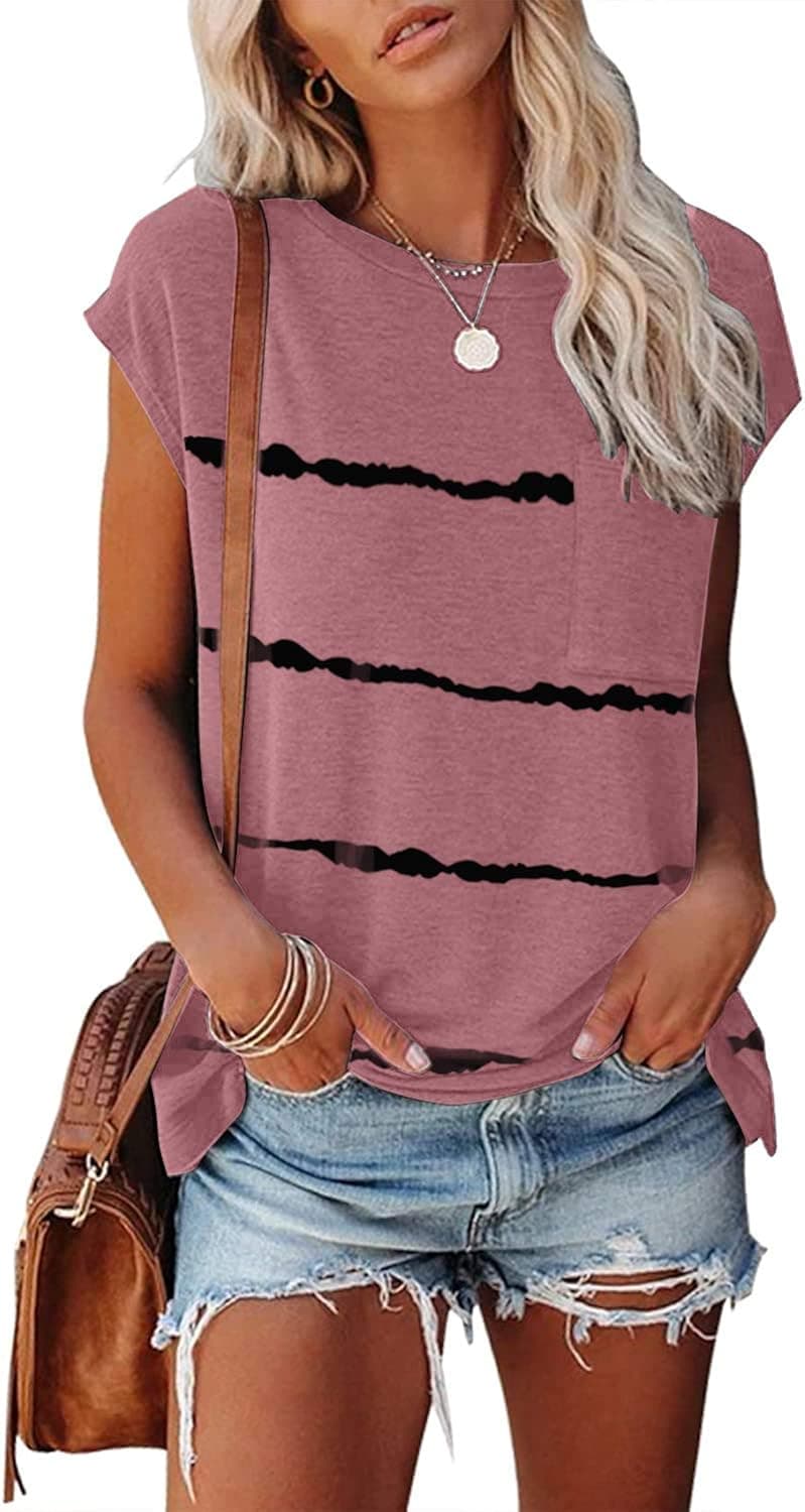 MEROKEETY Women's Casual Cap Sleeve T Shirts Basic Summer Tops Loose Solid Color Blouse with Pocket