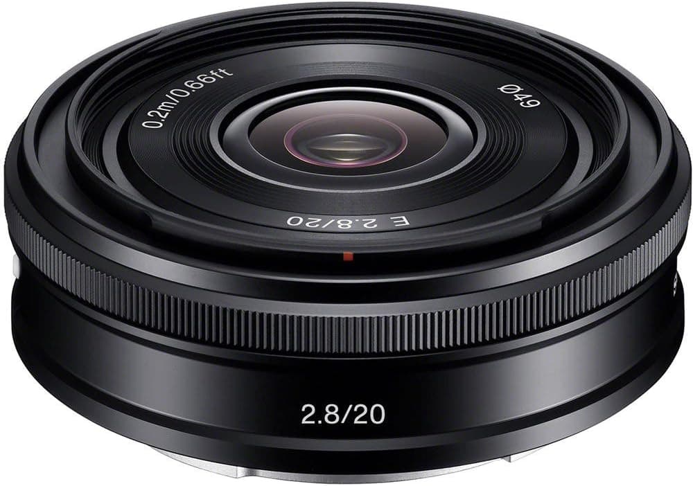 Sony Alpha E-Mount 20mm f/2.8 Wide-Angle Pancake Lens with 32GB Card + NP-FW50 Battery + Case + 3 Filters Kit for A7, A7R, A7S Mark II, A5100, A6000, A6300