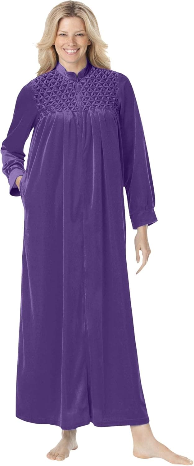 Only Necessities Women's Plus Size Smocked Velour Long Robe Robe - M, Plum Burst Purple