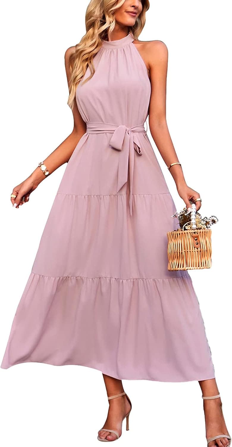 PRETTYGARDEN Women's Summer Floral Maxi Sun Dress Sleeveless Halter Neck Flowy Ruffle Hem Long Boho Dresses with Belt