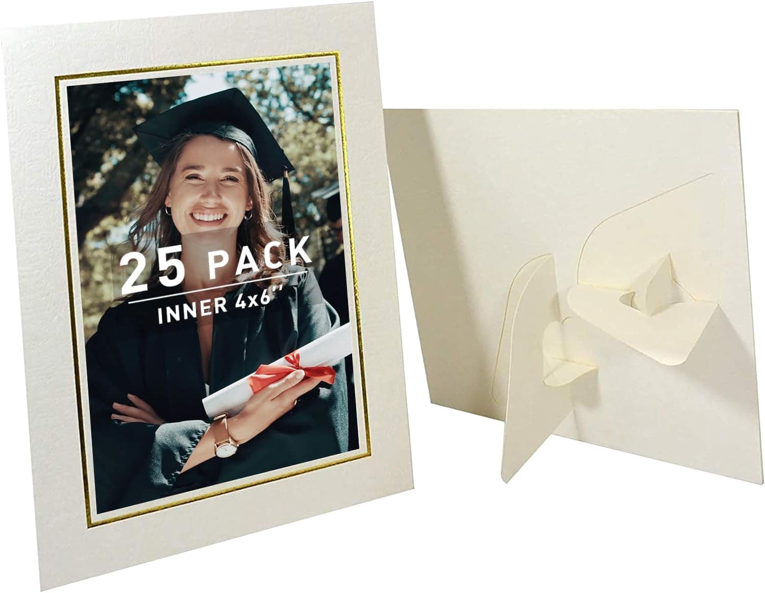 Golden State Art, 25 Pack, 4x6 Cardboard Photo Frame, Paper Picture Frame Cards with Easel, DIY Paper Photo Display (Ivory with Gold Lining)