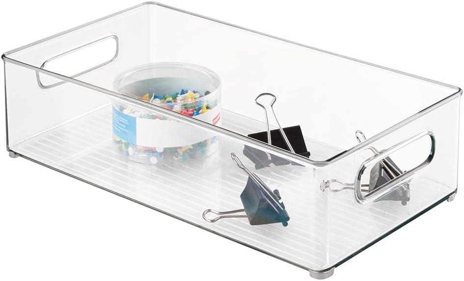 mDesign Office Supplies Desk Cabinet Organizer Bin for Pens, Pencils, Markers, Highlighters, Tape - Medium, Deep, Clear