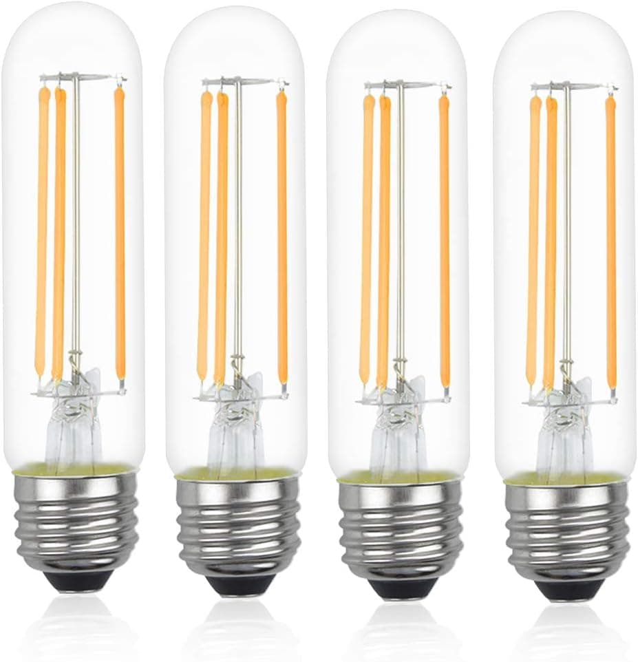 Bonlux Dimmable 6W T10 Tubular Filament LED Bulb, T10 Dimmable Tube Filament 60W Incandescent Light Equivalent E26 Medium Base T10 Bulb, Warm White 2700K, 4-Pack