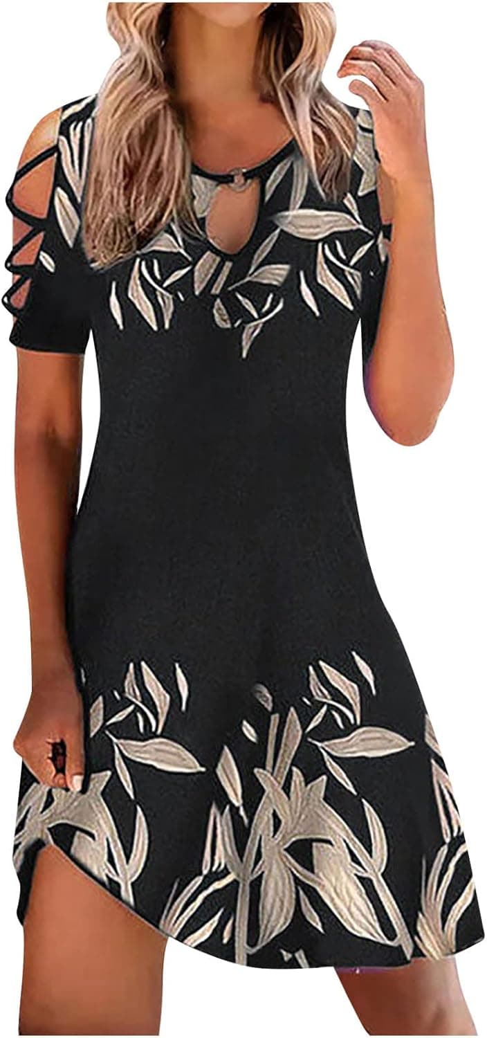 Summer Spring Dresses for Women 2023 Strappy Cold Shoulder Boho Tshirt Dress Trendy Hollow Loose Short Sleeve Dresses