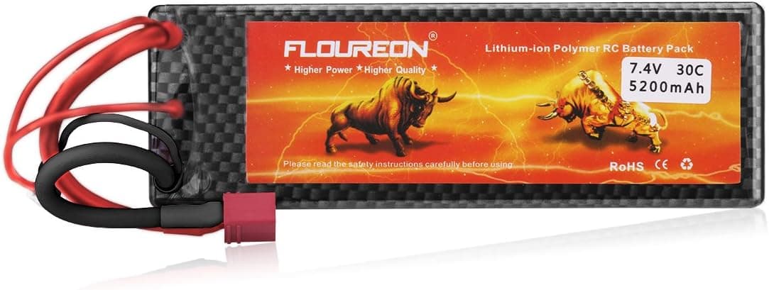 Floureon 7.4V 5200mAh High Power 2S 30C Lipo Battery with Dean-Style T Connector for RC Car Buggy Truck Truggy Drone and FPV (5.45 x 1.85 x 0.98 Inch)
