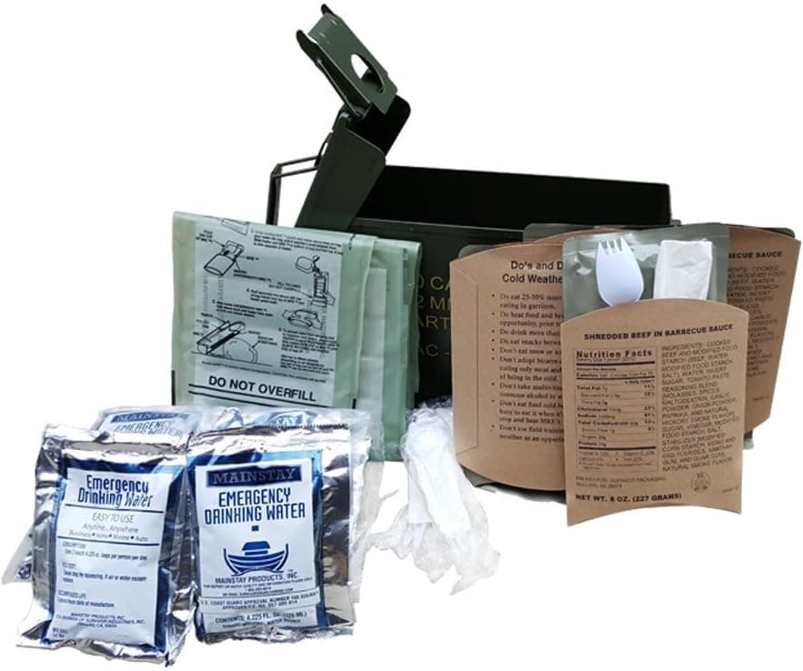 30 Cal Ammo Can MRE 4 Entrées, Heaters, Utensils and 8 Water Packs