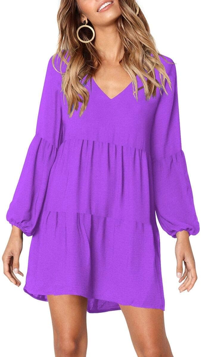 Dasbayla Women's Casual Puff Long Sleeve V-Neck Pleated Hem Swing Mini Dresses