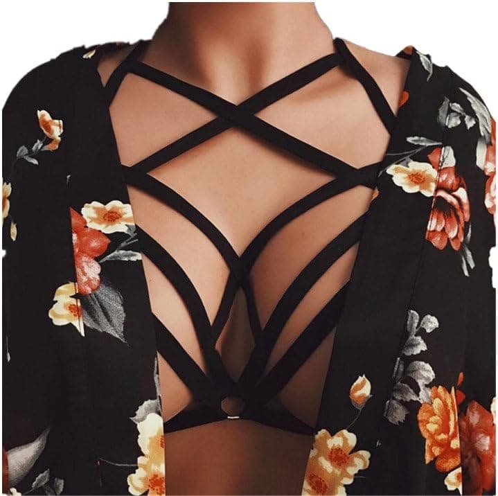 NEARTIME Women's Lingerie, Ladies Elastic Bandage Strappy Hollow Out Bra Hot Bustier (Black XL)
