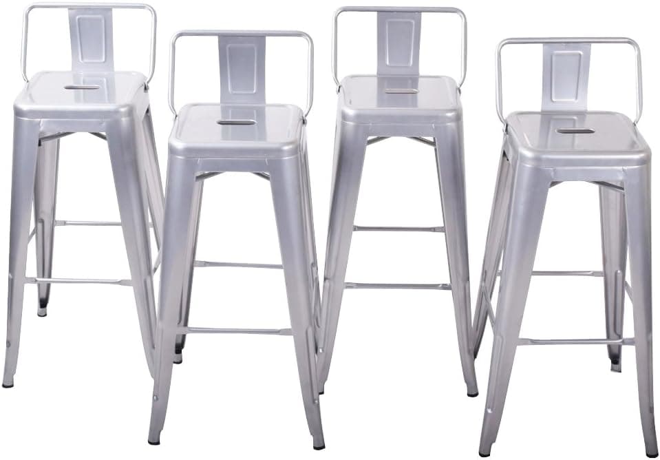 BELLEZE 24 Inch Modern Metal Bar Stools, Low Back Indoor Outdoor Restaurant Patio Kitchen Dining, Contemporary Farmhouse Vintage Industrial Steel Metal [Set of 4] - Alexander (Silver)
