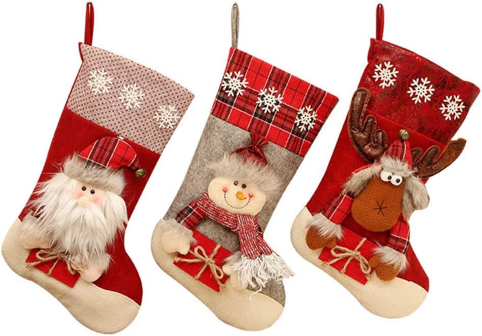 MITOWERMI 3 Pack Christmas Stockings 18" with Santa Snowman Reindeer Xmas Stockings Candy Gift Bag for Christmas Tree Fireplace Hanging and Party Decor
