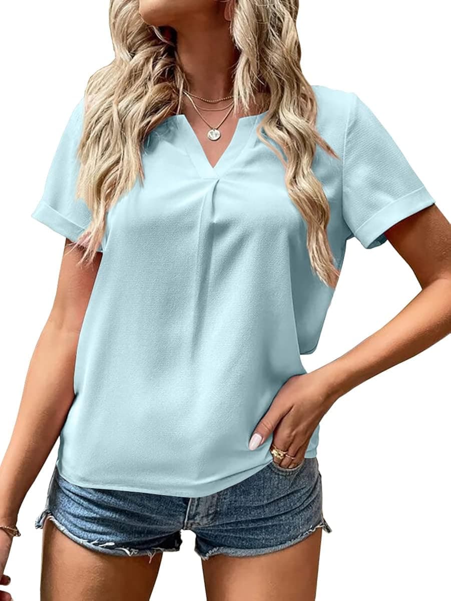 Wihion Women's Short Sleeve T-Shirts Casual Notched V Neck Loose Fit Top Blouses