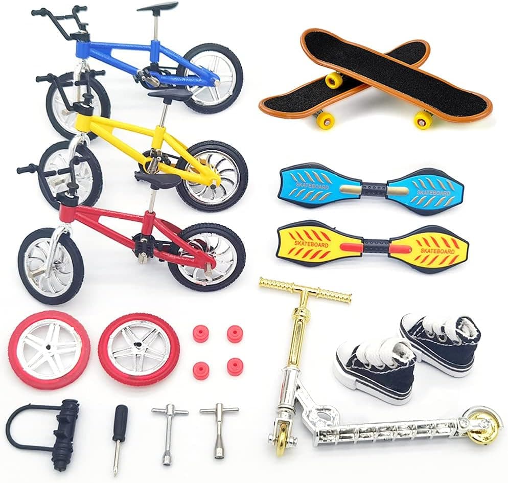 MIKEMENG Scooter Mini Finger Toys Set with Shoes Finger Skateboards Mini Bikes Tiny Swing Board Fingertip Movement Party Favors Replacement Wheels and Tools