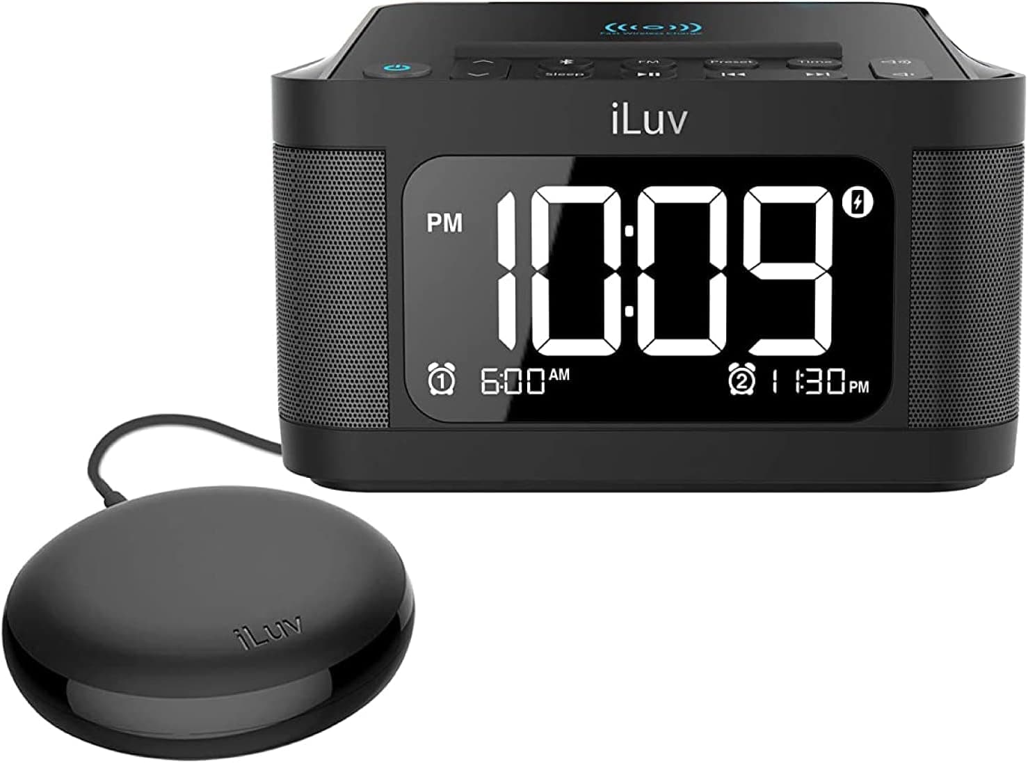 iLuv Time Shaker 6Q Wow Qi-Certified Fast 7.5/10W Wireless Charging Alarm Clock with Vibration Shaker, Dual Alarm, Bluetooth Speakers, FM Radio, Sleep Timer, 10-Level Dimmer, USB Charging Port