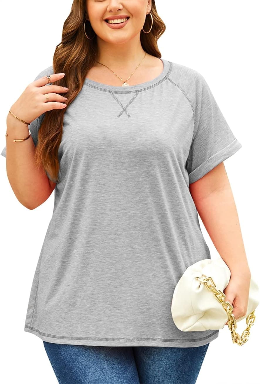 Womens Plus Size Tops Summer Short Sleeve Crewneck Tshirts Raglan Tunic Tees