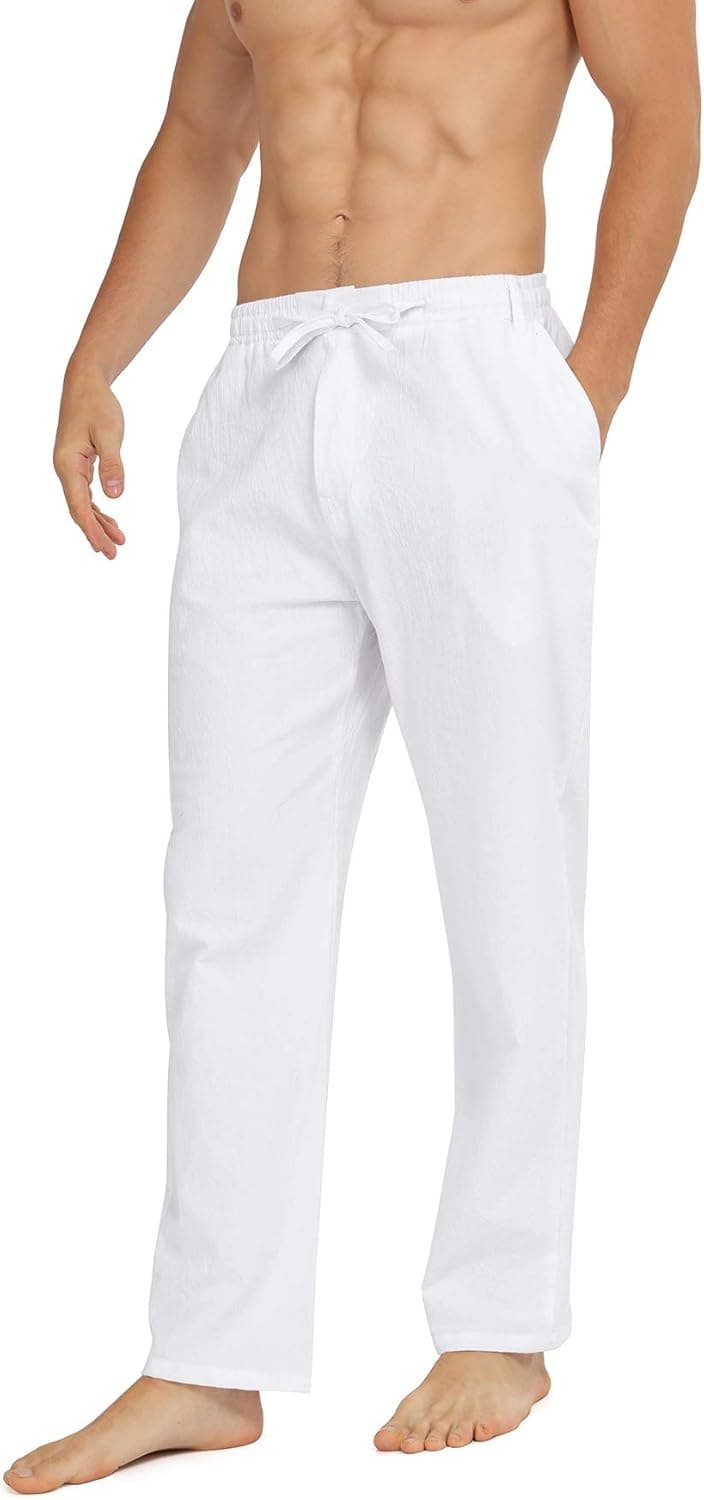 WULFUL Men's Drawstring Casual Beach Trousers Lightweight Linen Summer Pants