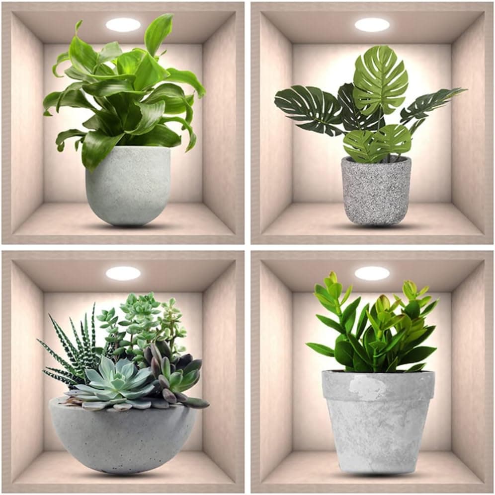 NOLITOY 4PCS Green Plants Wall Sticker Removable Wall Decals Tropical Leaf Bonsai Vase Wall Stickers for Home Office Living Room Bedroom Kitchen Decor