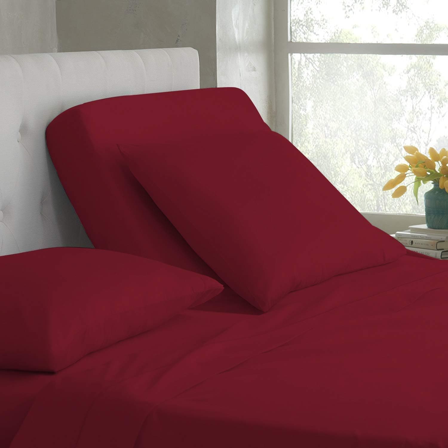 Top Split-King: Adjustable King Bed Sheets - 4PC Bed Sheet Set - 100% Egyptian Cotton - 600 Thread Count - 18 Inch Deep Pocket, Top Split King, Burgundy Solid - Split Down 34 inches from The top