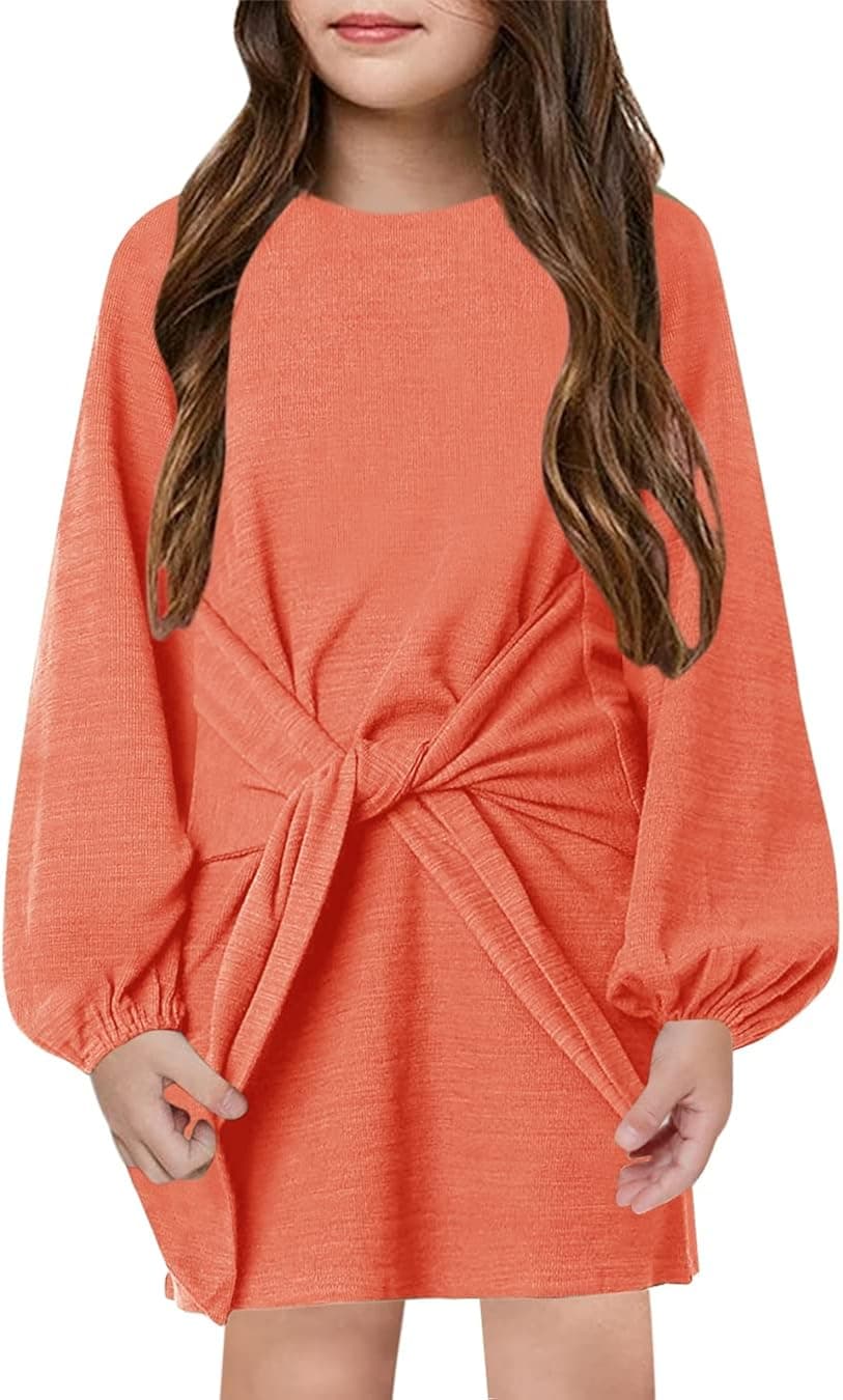 Ermonn Girls Dress Long Sleeve Solid Color Tunic Shirt Dresses Casual Crew Neck Tie Waist Tops