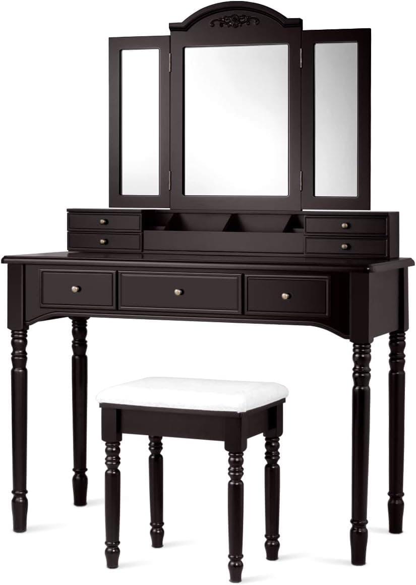 CHARMAID Vanity Desk Set, Dressing Table with Trifold Mirror, 8 Necklace Hooks, 7 Drawers, Storage Grid Organizer Box, Makeup Vanities with Cushioned Stool for Girls Women Bedroom Furniture