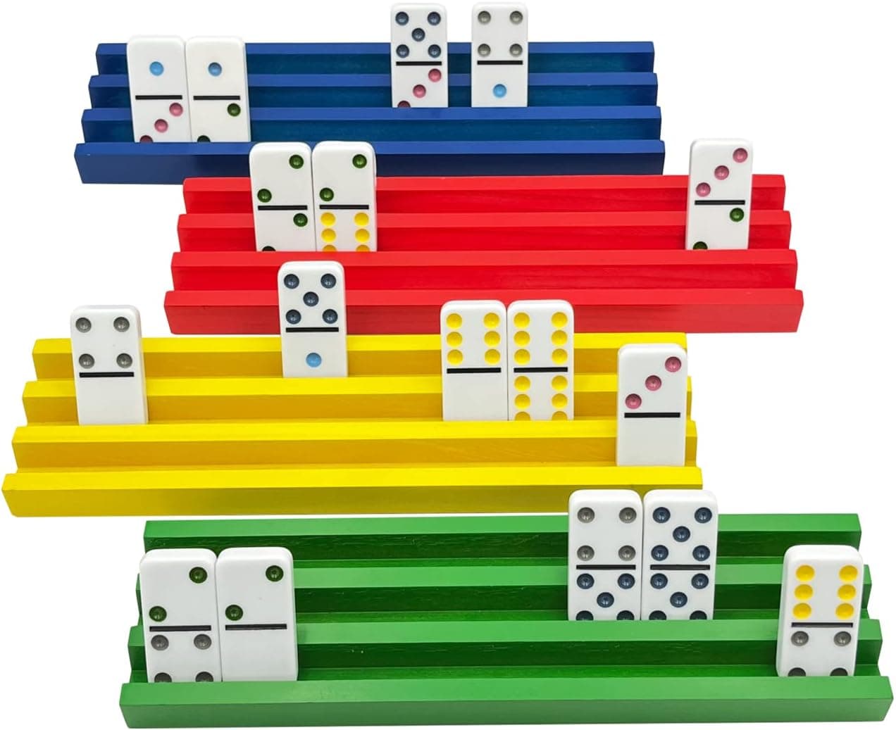 JUNWRROW Colorful Wood Domino Racks/Trays Set of 4 Mexican Train Domino Trays/Racks Holders Domino Tiles Holders Domino Wood Holder and Other Dominoes Games,Dominoes NOT Included