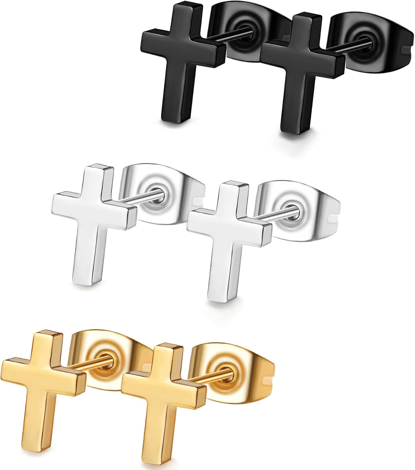 FUNRUN JEWELRY Womens,Mens Cross Stud Earrings Black Stainless Steel Earrings Set,3 Pairs